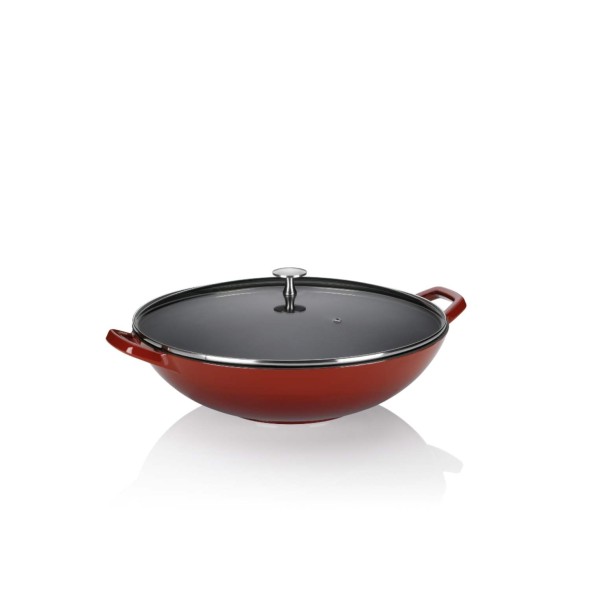 Kela Wok μαντέμι με εμαγιέ επίστρωση & γυάλινο καπάκι Φ36x17cm/4lt κόκκινο σειρά Calido
