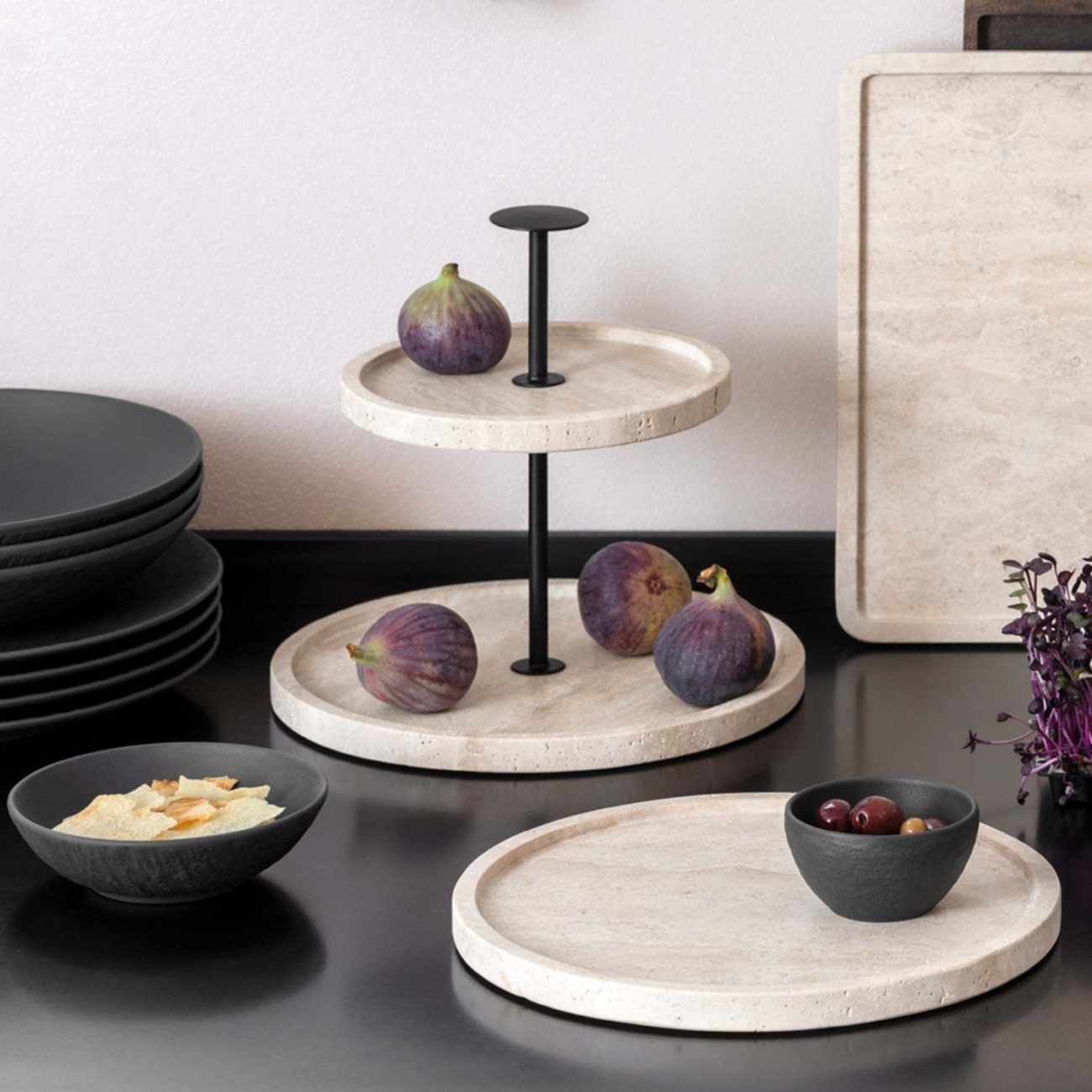 Villeroy & Boch Πιατέλλα στρογγυλή με πόδι 28 εκ. Stoneware σειρά Manufacture Travertine Αξεσουάρ Σερβιρίσματος