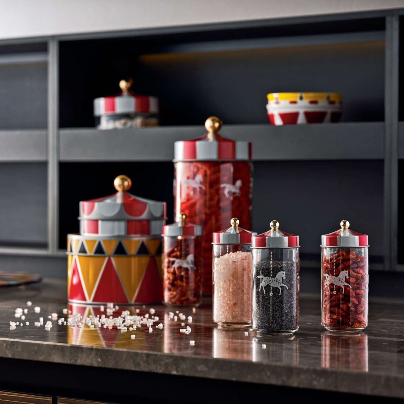 Alessi Σετ 2 τεμ. δοχείο αποθήκευσης μπαχαρικών 14 εκ. σειρά Circus Δοχεία Τροφίμων